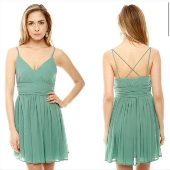 BB Dakota Dress Womens Size 4 Edie chiffon Mini fit and flare Green Pleated - Picture 2 of 7